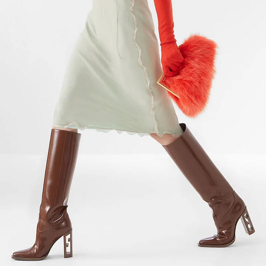 Pointed Toe Leather Knee High Boots