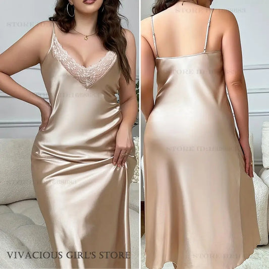 Plus Size 3XL-5XL Long Nightgown Female Chemise Sleepwear Homedress Sexy Lace Suspender Nightdress Lingerie Silk Satin Homewear