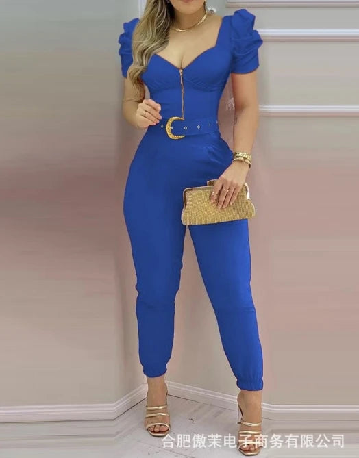 Women Urban Style Jumpsuit 2024 Spring Summer Latest Temperament British V-Neck Bubble Sleeves Romper Long Pants Tight Bodysuit