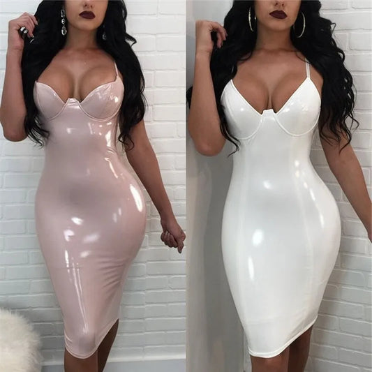 Large Size Dresses For Women 4XL 5XL 6XL Wetlook PU Dress Sexy Black Split Bodycon Party Club Leather Dresses Midi Vestidos Ddlg