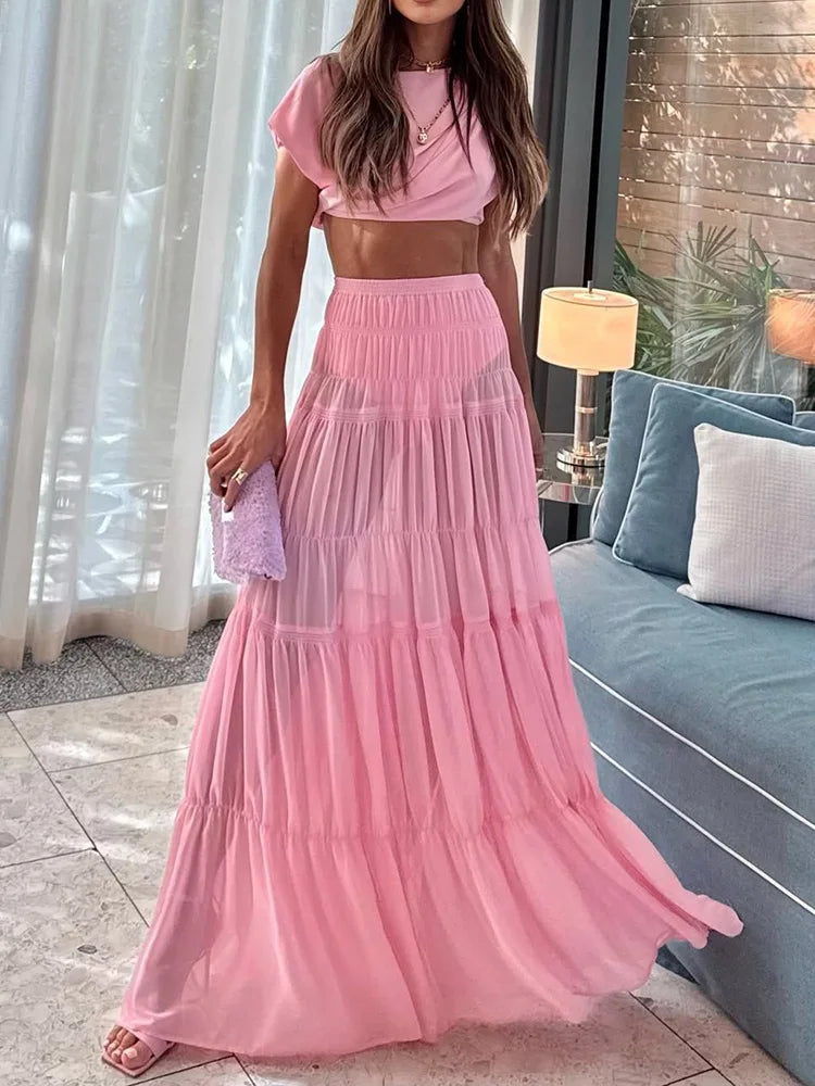 Summer Sexy Women Beach Skirt Two Piece Set Pink Slim Short Tops And Skirt Matching Suit Femme Party Club Skirt Outfit 2PCS Sets