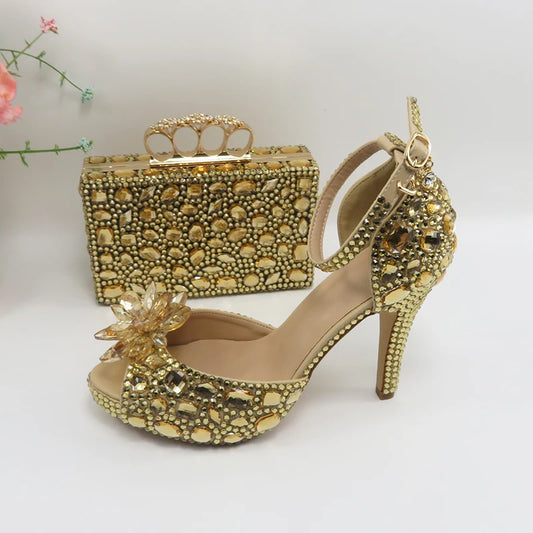 BaYa Fang Champagne Crystal Bridal Party shoes bag Set Women Thin Heel Wedding Evening shoes Open Toe Sandals Ankle Strap Female