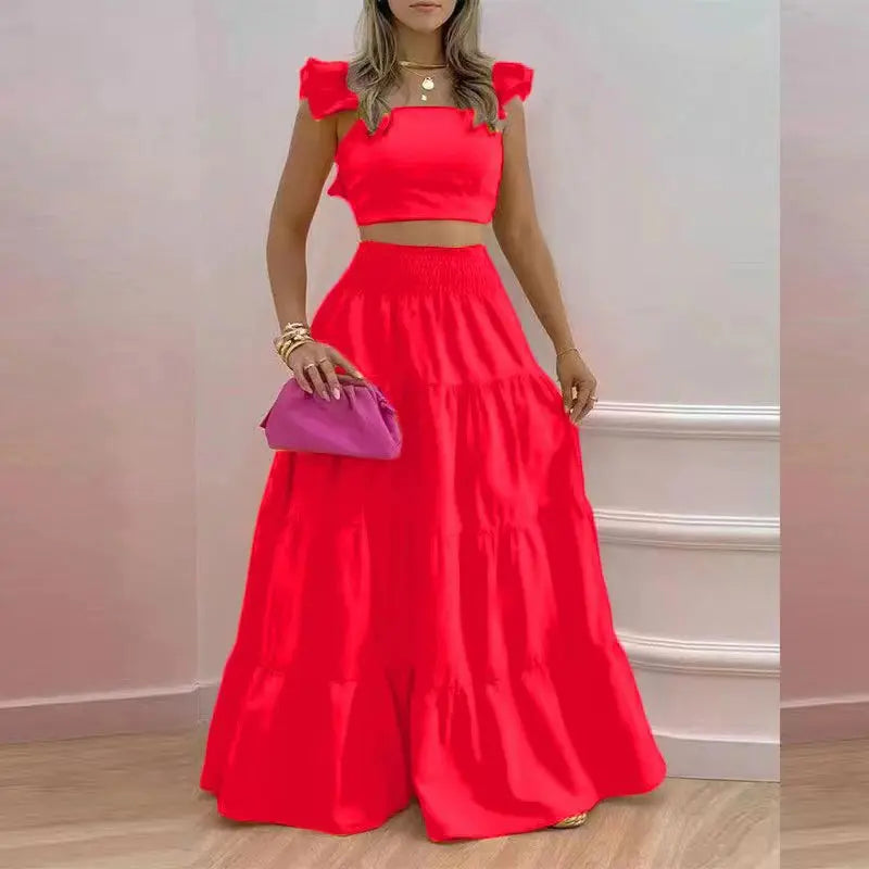 Dress Set Two-piece Women's Clothing Solid Color Sexy Suspender Large Swing Skirt Short Sleeved Square Neck Top Summer Outfits