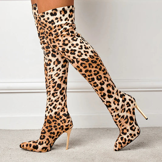 Aneikeh Over Knee Long Boots Sexy Leopard Fetish Strip Pole Dance Pointed Toe Thin Heels Ladies Shoes 2025 Spring Botas De Mujer
