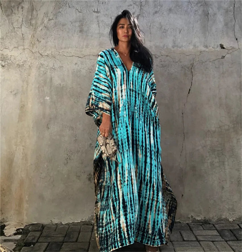 Plus Size Boho Cover Up Dress, Women's Plus Colorblock Floral Print Bat Sleeve V Neck Slight Stretch Split Cover Up Dress