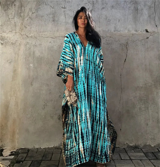 Plus Size Boho Cover Up Dress, Women's Plus Colorblock Floral Print Bat Sleeve V Neck Slight Stretch Split Cover Up Dress