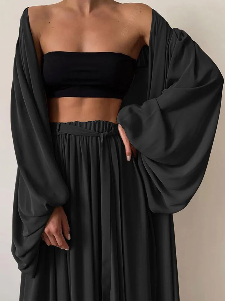 Sexy Solid Color Three-Piece Set 2025 Autumn Women Tube Top Beach Dress Crop Top Trousers Long Sleeve Cardigan 3 Piece Set A1642