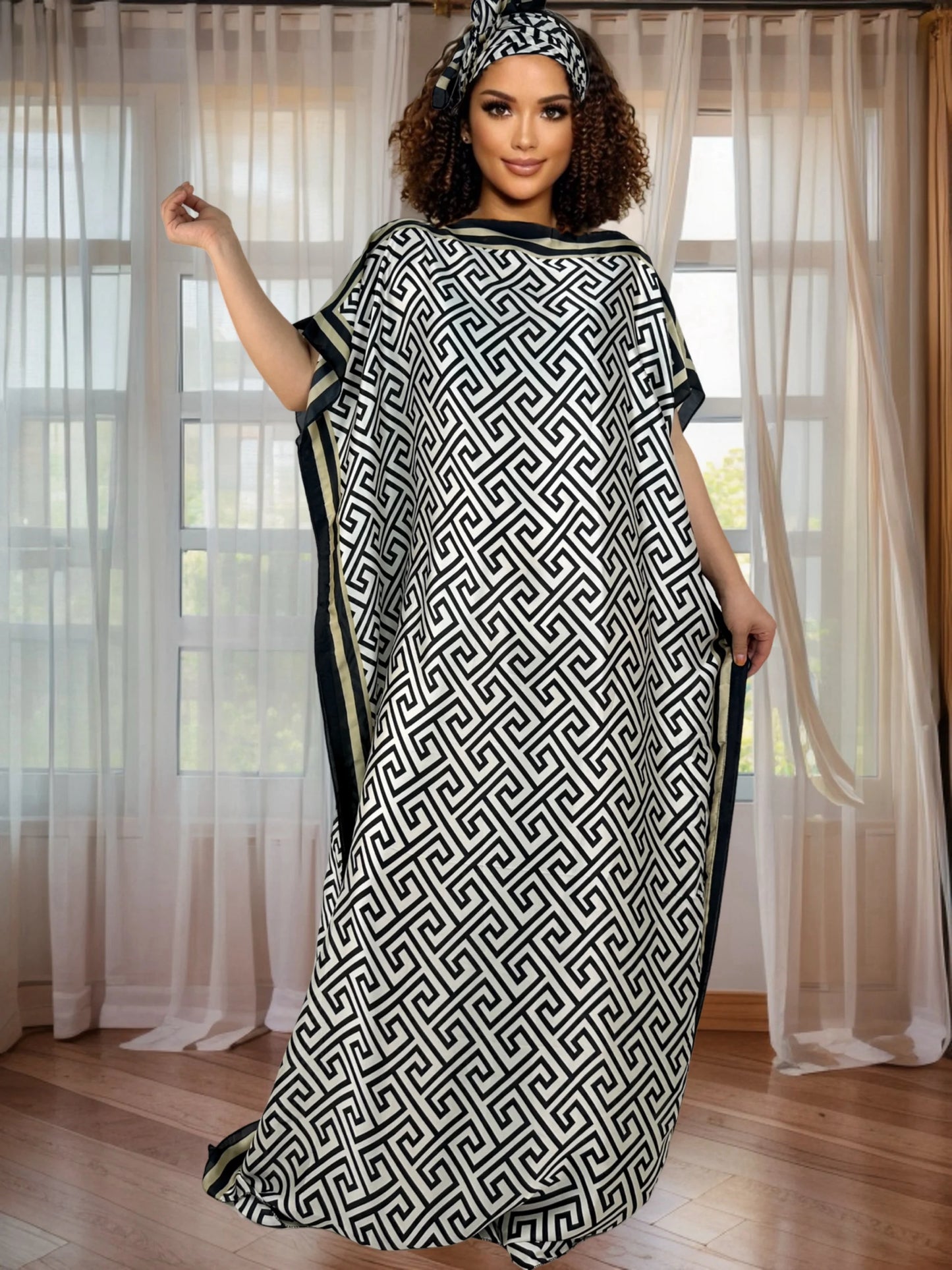 Elegant Women's Plus Size Party Wear Loose Fit Flowy Maxi Dress for Casual or Formal Occasions with Headscarf