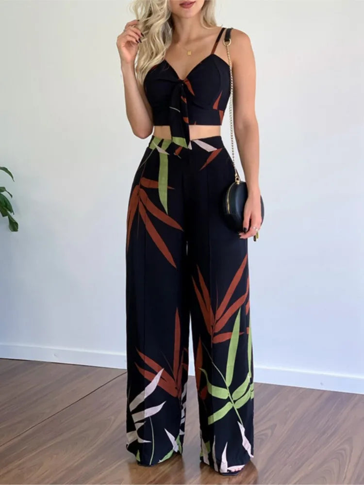 Elegant Two Piece Outfits For Women 2025 Sexy V-Neck Strap Backless Lace-up Slim Crop Top & Wide Leg Pants Sets Summer Lady Suit