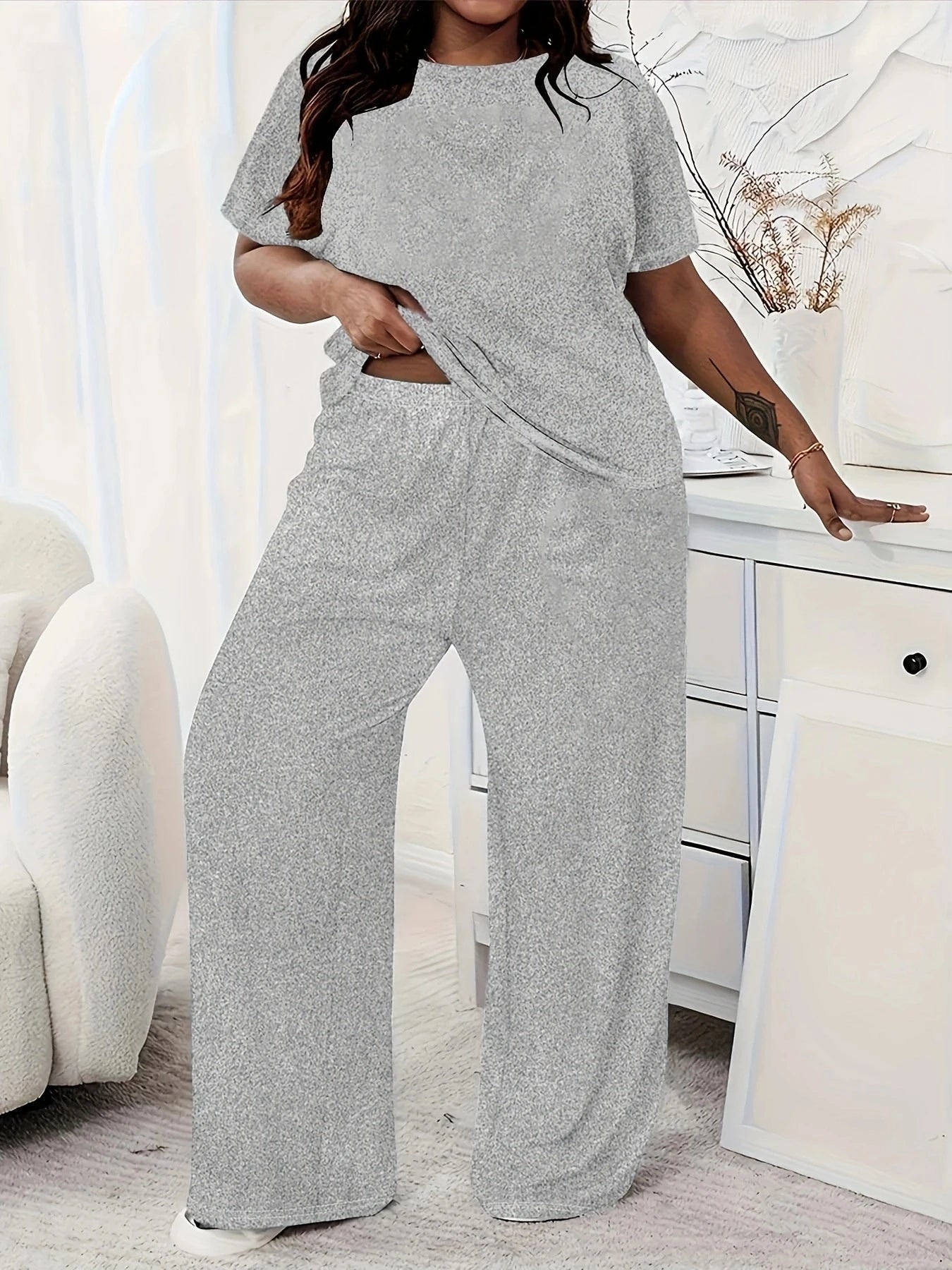 Plus Size Two Piece Summer Casual Solid Colour Tops, Yoga Wear Exercise Set, Tops and Pants