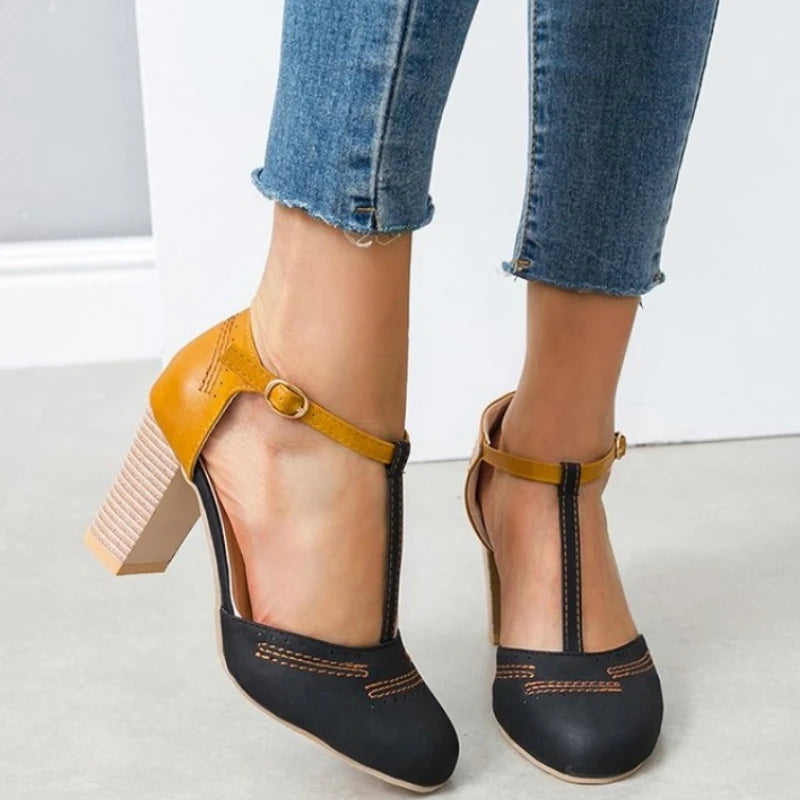 Women Heel High Shoes Pumps Square Ladies Platform Round Toe T-tied Square Heel Wedding Dress Shoes