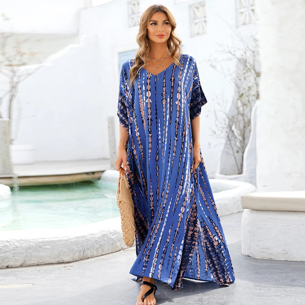 Plus Size Boho Cover Up Dress, Women's Plus Colorblock Floral Print Bat Sleeve V Neck Slight Stretch Split Cover Up Dress