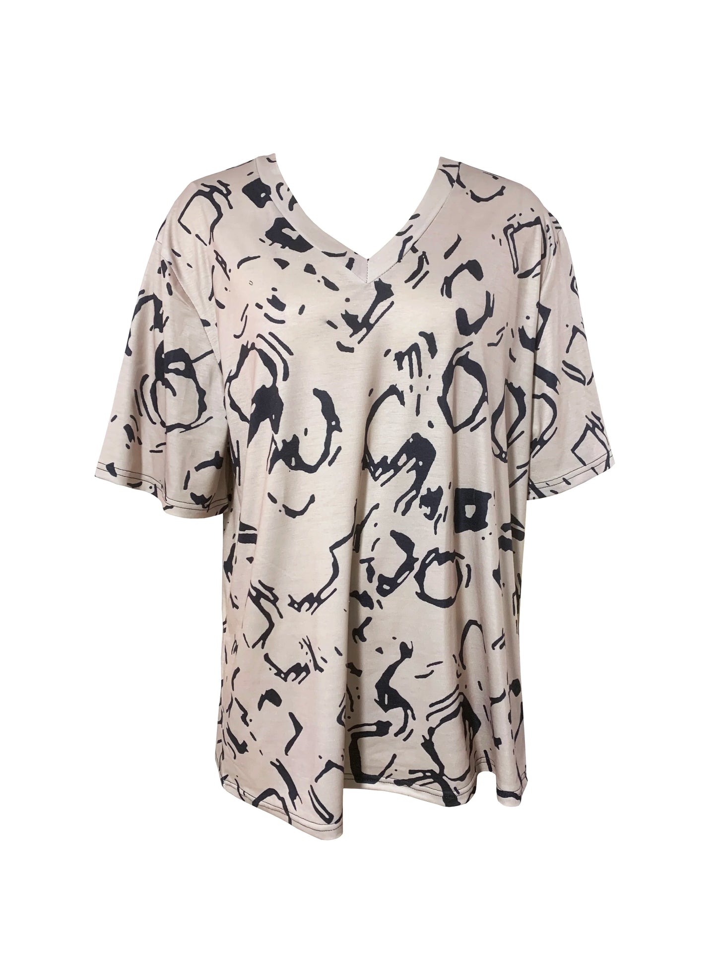 Plus Size Short Sleeve V Neck Allover Print T-shirt, Casual Top For Summer & Spring Women's Clothing