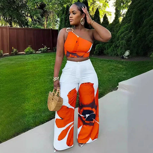 2 Piece Top and Loose Wide Leg Pants Set