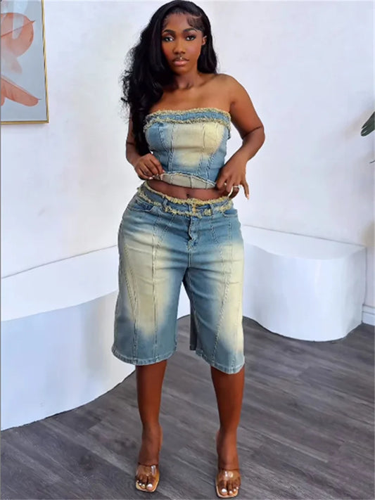 2 Piece Denim Top & Short Set