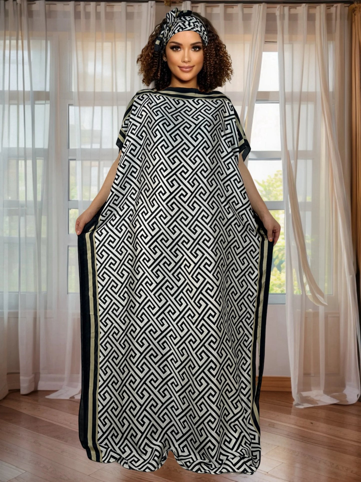Elegant Women's Plus Size Party Wear Loose Fit Flowy Maxi Dress for Casual or Formal Occasions with Headscarf