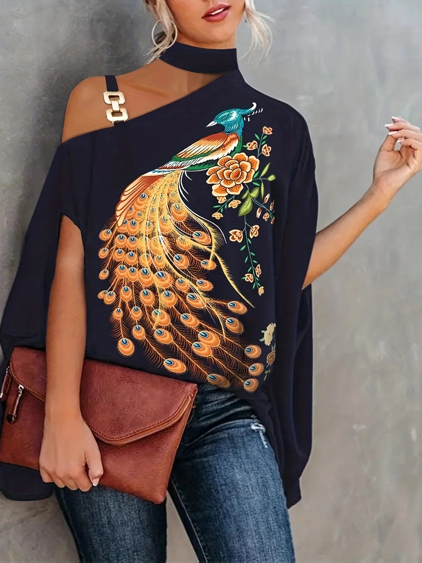 Plus Size Sexy Halter Loose Blouse Tops Women's Elegant Print Off Shoulder Batwing Sleeve Pullover Shirt 2023 Summer Fashion Str