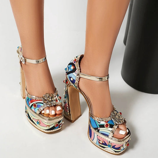 Diamond Pearl Flower Thick Sole Waterproof Platform High Heel Open Toe Heel