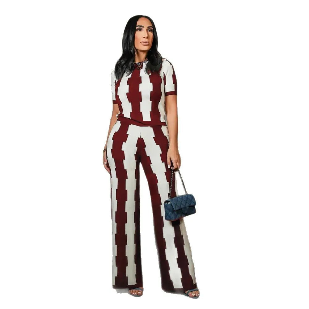 Hot Style Stripes Printing Women Pants Suit Casual Sport Two Pieces Set Summer Short Sleeves T Shirt and Trousers