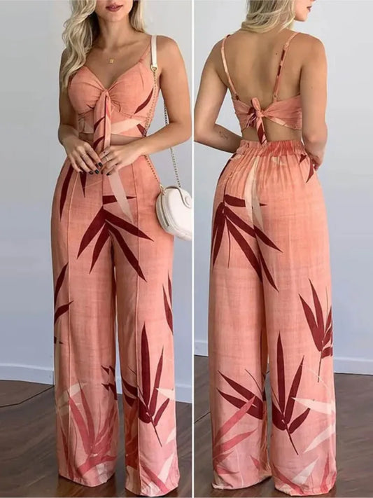 Elegant Two Piece Outfits For Women 2025 Sexy V-Neck Strap Backless Lace-up Slim Crop Top & Wide Leg Pants Sets Summer Lady Suit