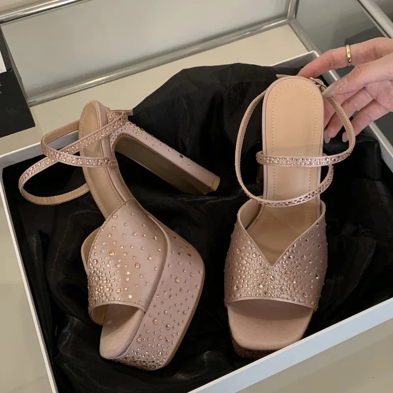 Eilyken Design Crystal Square Toe Woman Sandals Sexy High Heels Ankle Buckle Strap Party Banquet Shoes Zapatos De Mujer