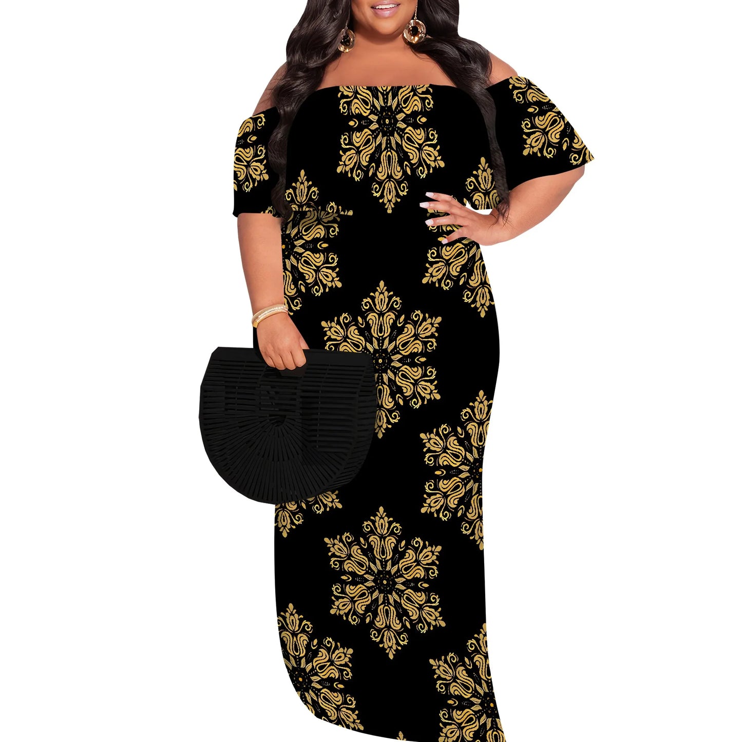 Plus Size Elegant Off Shoulder Dress for Women African Inspired Pattern Long Evening Gown