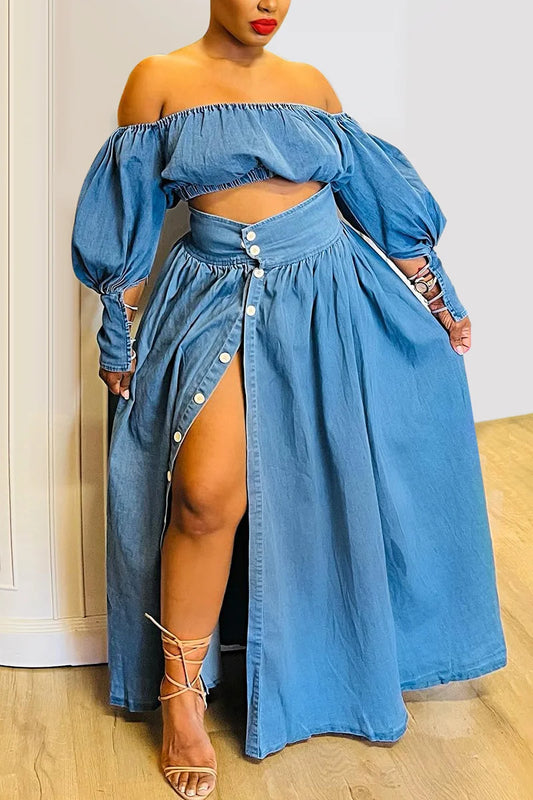Off The Shoulder 2 Piece Denim Skirt Set