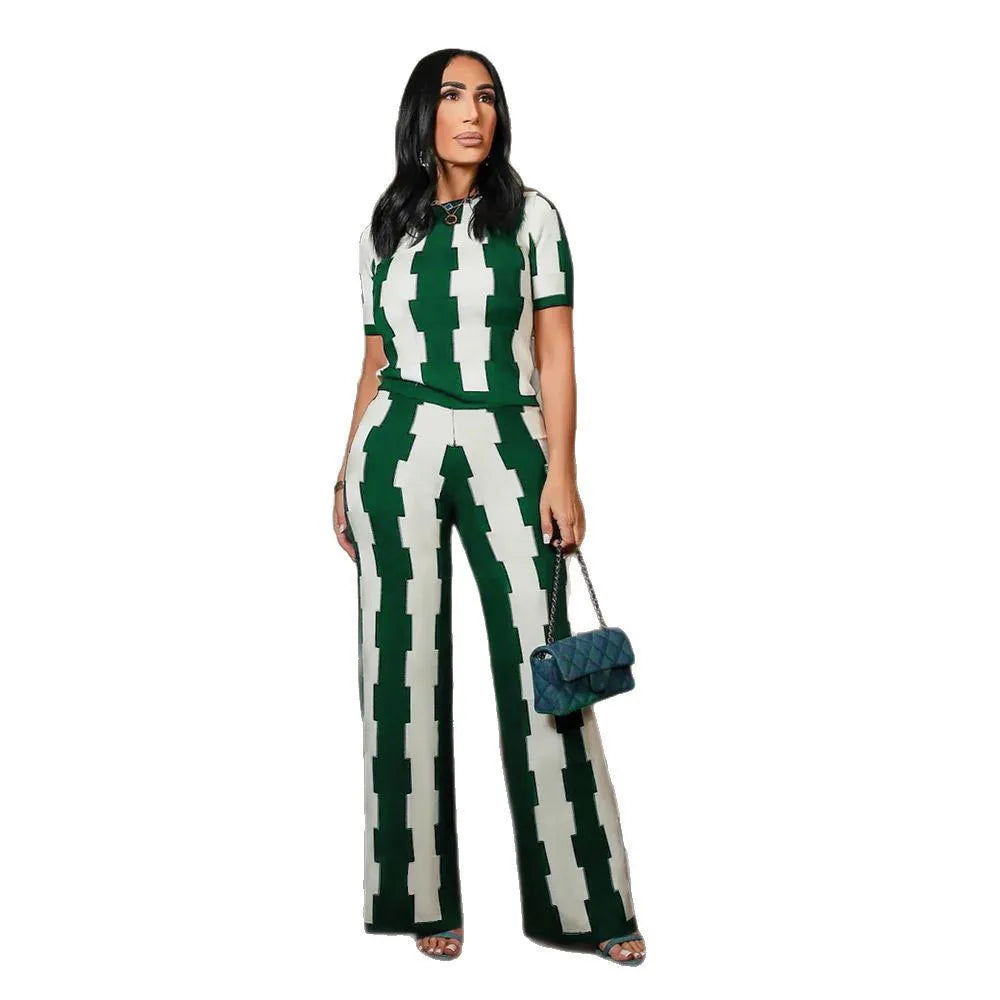 Hot Style Stripes Printing Women Pants Suit Casual Sport Two Pieces Set Summer Short Sleeves T Shirt and Trousers