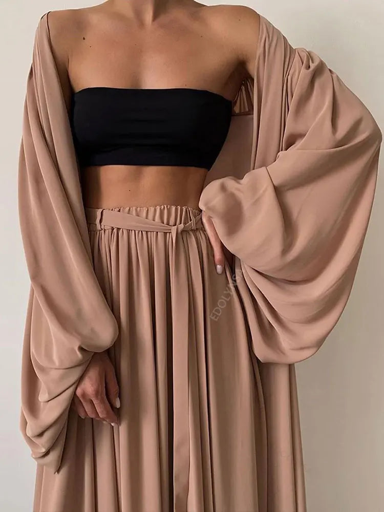 Sexy Solid Color Three-Piece Set 2025 Autumn Women Tube Top Beach Dress Crop Top Trousers Long Sleeve Cardigan 3 Piece Set A1642