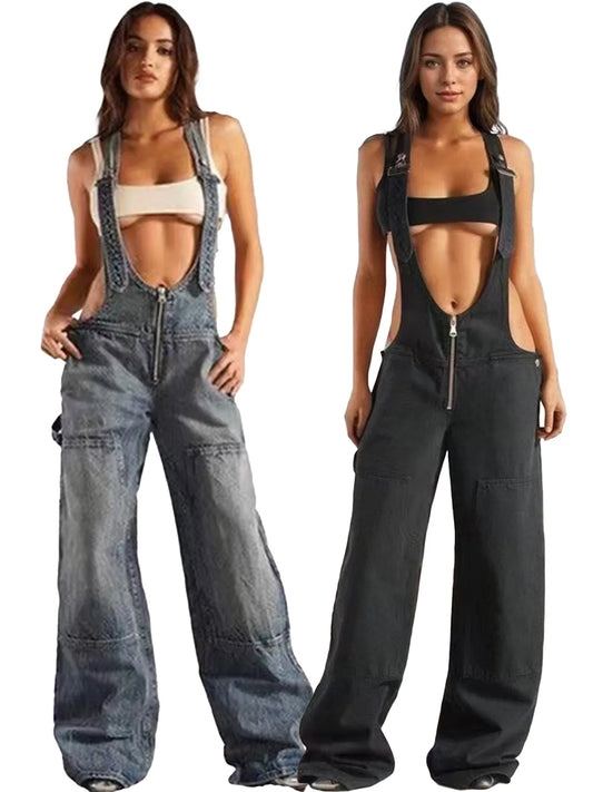 Street Style Sexy Low Waist Strap Jumpsuit Wide-leg Jeans New Personalized Hot Girl Trousers Fashionable Loose Jeans