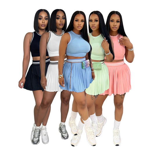 Fashion Women Sets Sleeveless Crop Top Pleated Skirt Suit 2025 Summer Cute Beach Club Knitted Two 2 Piece Set Outfits Tracksuit