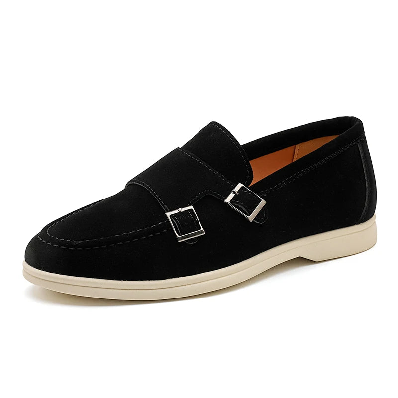 Suede Leather Men's Business Casual Shoes Handmade Double Buckle Loafers Leisure Slip on Flats Outdoor Male Driving Moccasins