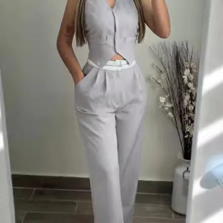Elegant Two Piece Sets For Women 2025 Summer Buttoned Vest Top & Pocket Decor High Waist Wide Straight Leg Pants Set Streetwear