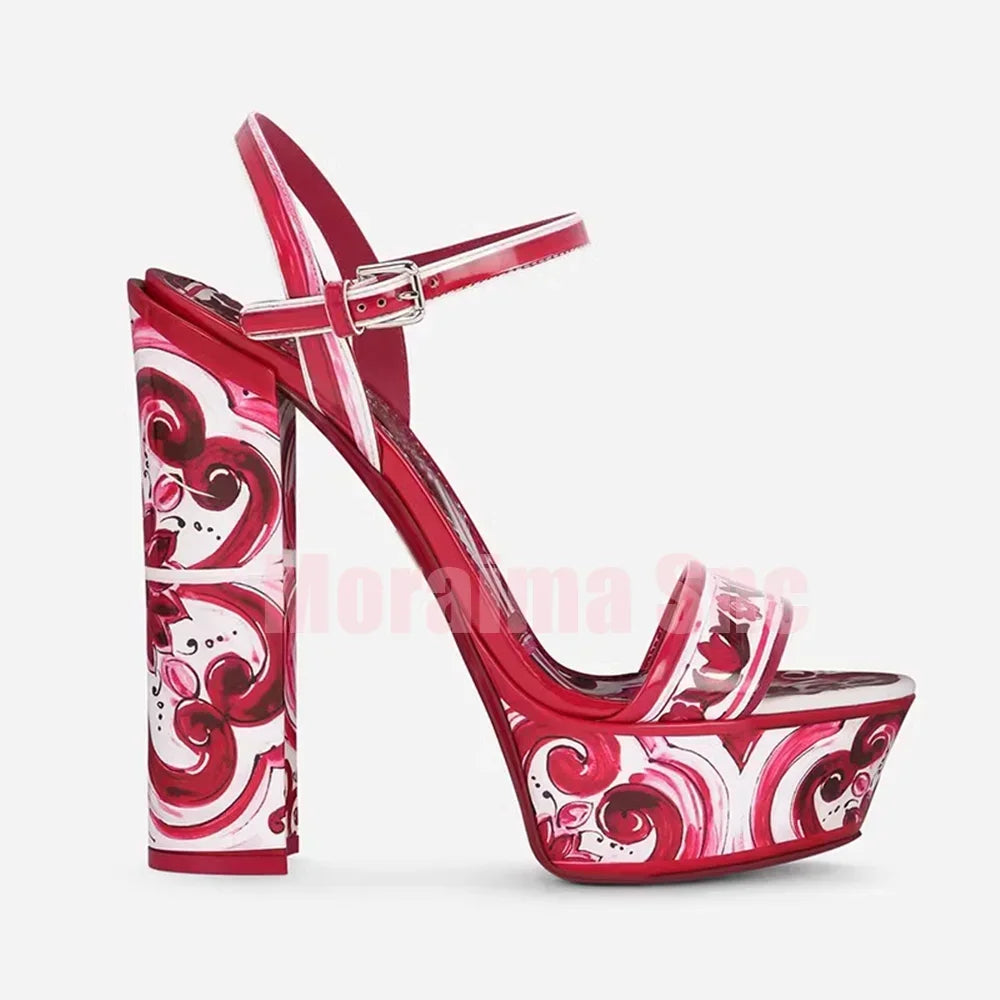 Luxury Printed Platform Sandals Round Open Toe Block High Heeled Ankle Buckle Strap Sexy Fashion Women's Summer Shoes Banquet