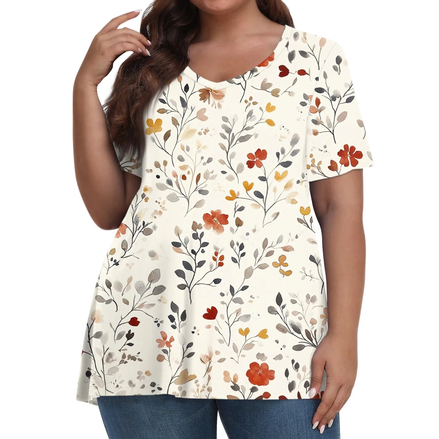 Plus size summer loose t shirt women's fashion casual v neck pullover short sleeve large size floral printed t-shirts top