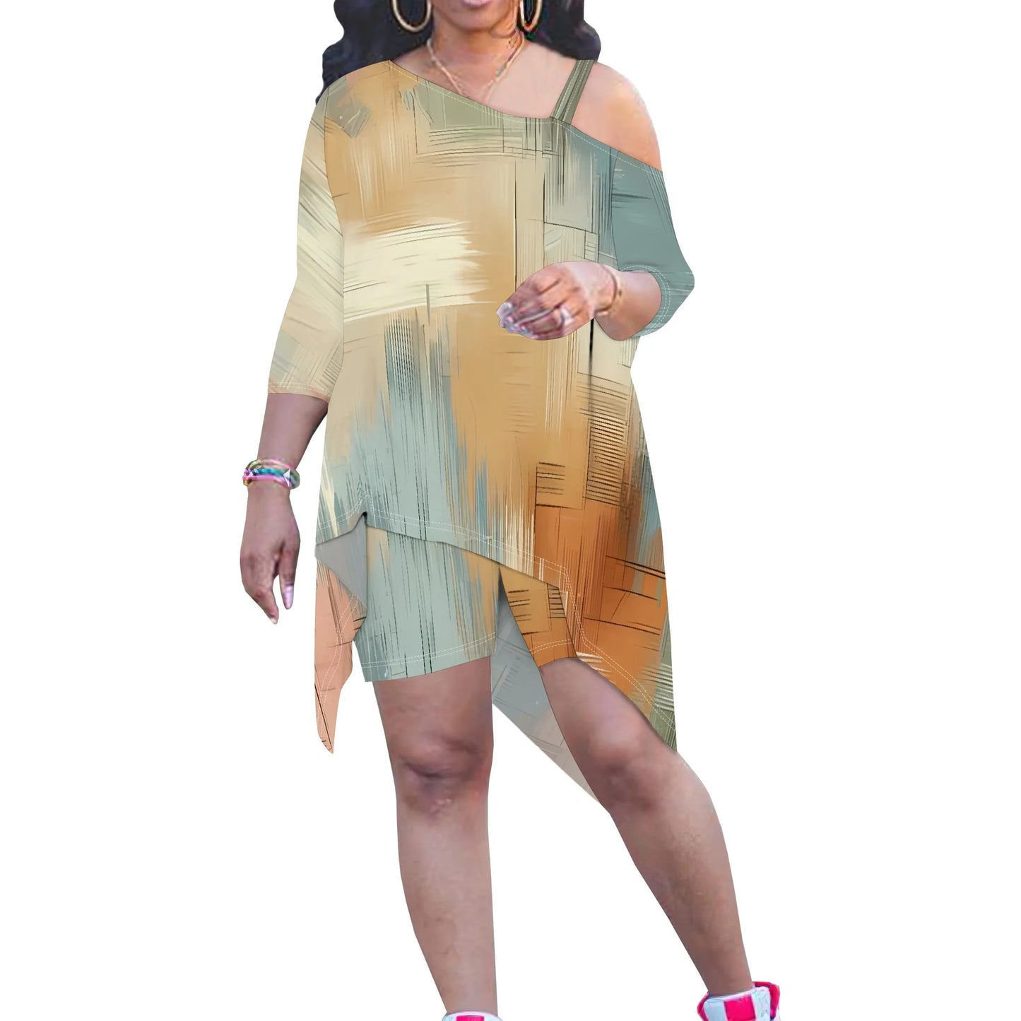 Plus Size Women Irregular Two Piece Set Orange and Green Abstract Print Top and Shorts Casual Set