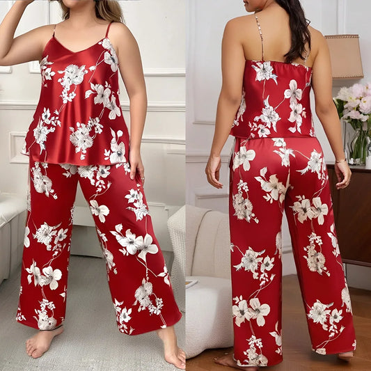 Plus Size 5XL New Female Pajamas Set Sleepwear Sexy Print Flower Suspender Trouser Pijamas Suit Lingerie Satin Home Clothes