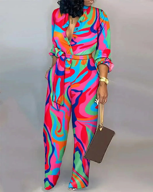 High-Waist Casual Straight-Leg Loose Printed Jumpsuit