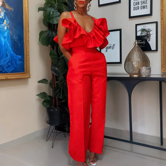 Women Two Pieces Set V Neck Strap Crop Tops Ruffles High Waist Pants Sexy Female Suit Summer Fashion Party New 2025