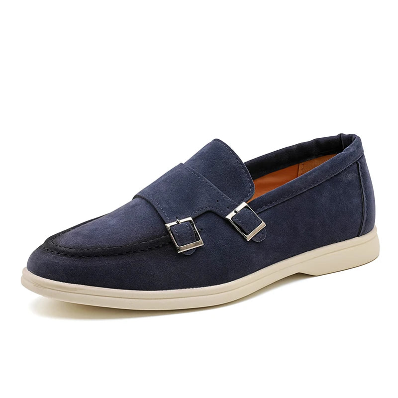 Suede Leather Men's Business Casual Shoes Handmade Double Buckle Loafers Leisure Slip on Flats Outdoor Male Driving Moccasins