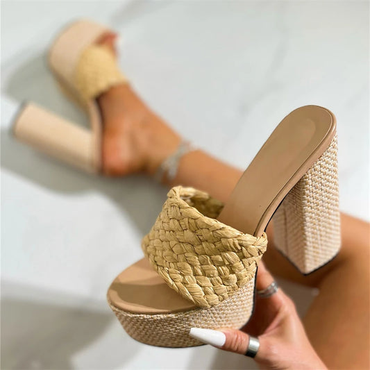 Eilyken Street Style Weave Women Slippers Fashion Platform Open Toe Nightclub Party High Heels Shoes Summer Ladies Pumps