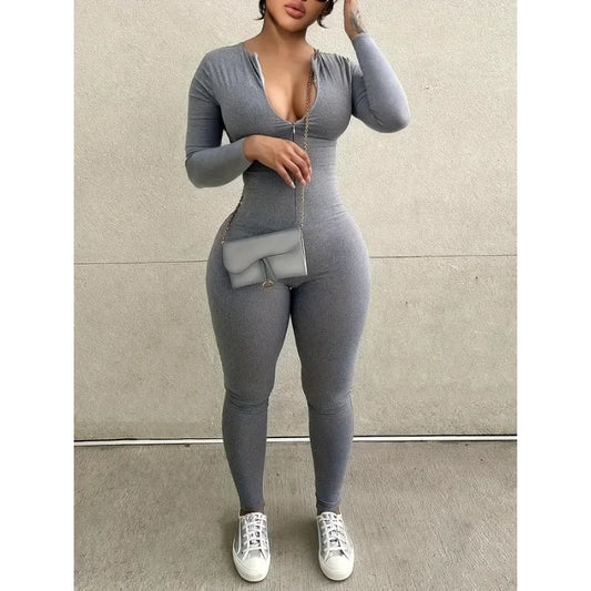 Plus Size 1XL-5XL New Women Sexy Sports Jumpsuits Ladies Casual Autumn Solid Long Sleeve Bodycon Fashion Rompers
