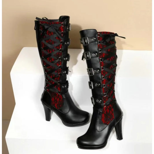High-heeled boots Platform Boots for Women Lace Up Chunky High Heel Mid Calf Boots Narrow Band Bow Knot Goth Gothic Shoes 2025