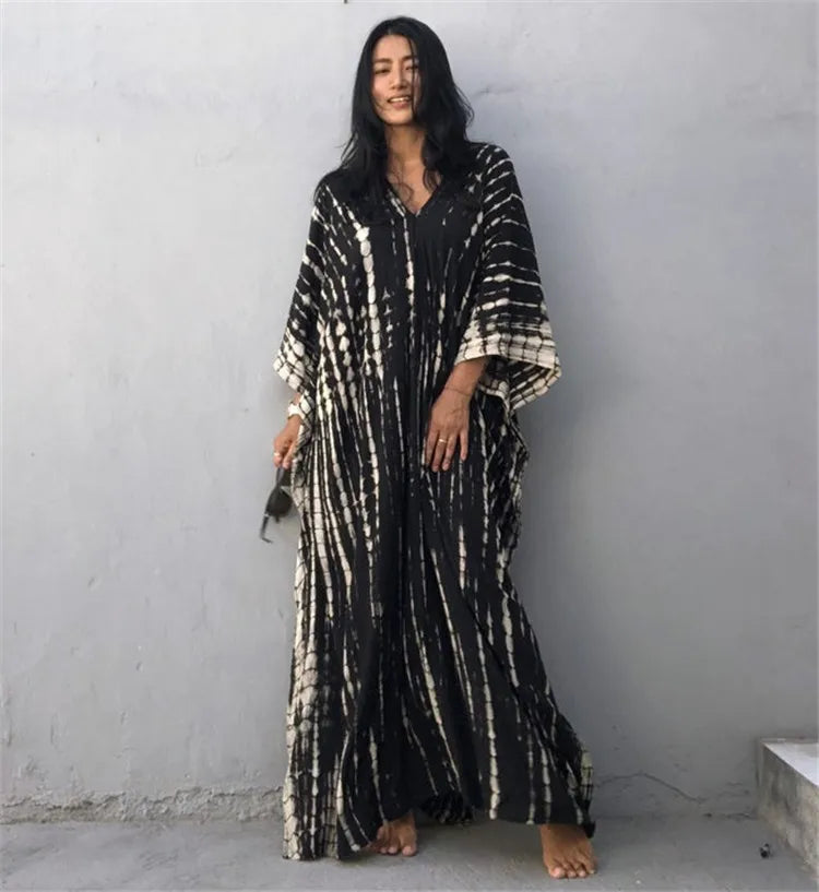 Plus Size Boho Cover Up Dress, Women's Plus Colorblock Floral Print Bat Sleeve V Neck Slight Stretch Split Cover Up Dress