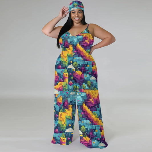 Plus Size Graphic Jumpsuit Colorful Pixel Landscape Print Wide Leg Sleeveless Romper for Women