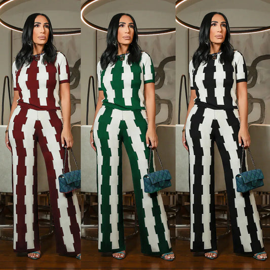 Hot Style Stripes Printing Women Pants Suit Casual Sport Two Pieces Set Summer Short Sleeves T Shirt and Trousers