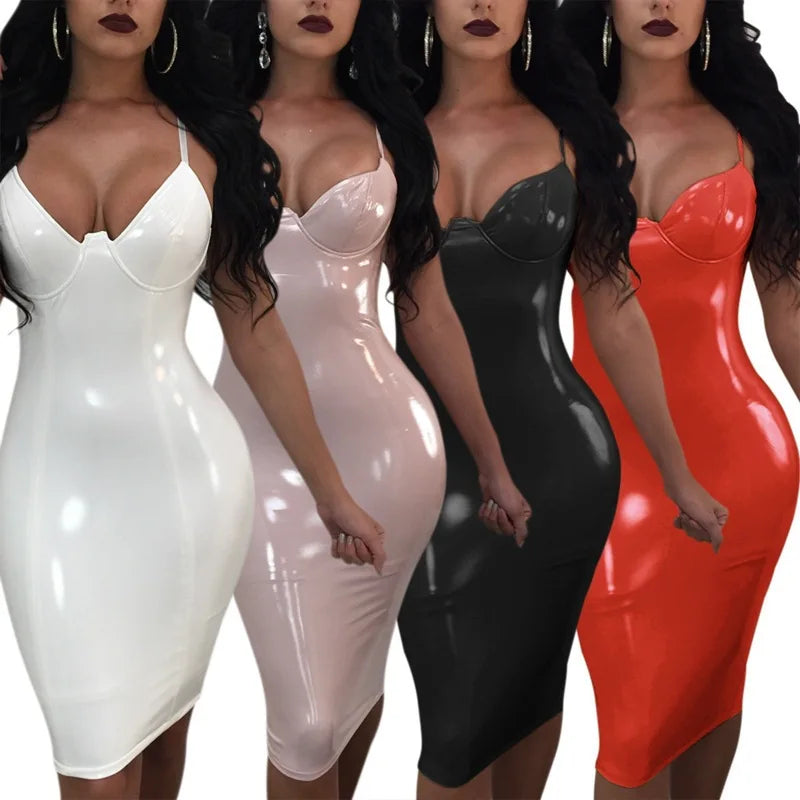 Large Size Dresses For Women 4XL 5XL 6XL Wetlook PU Dress Sexy Black Split Bodycon Party Club Leather Dresses Midi Vestidos Ddlg