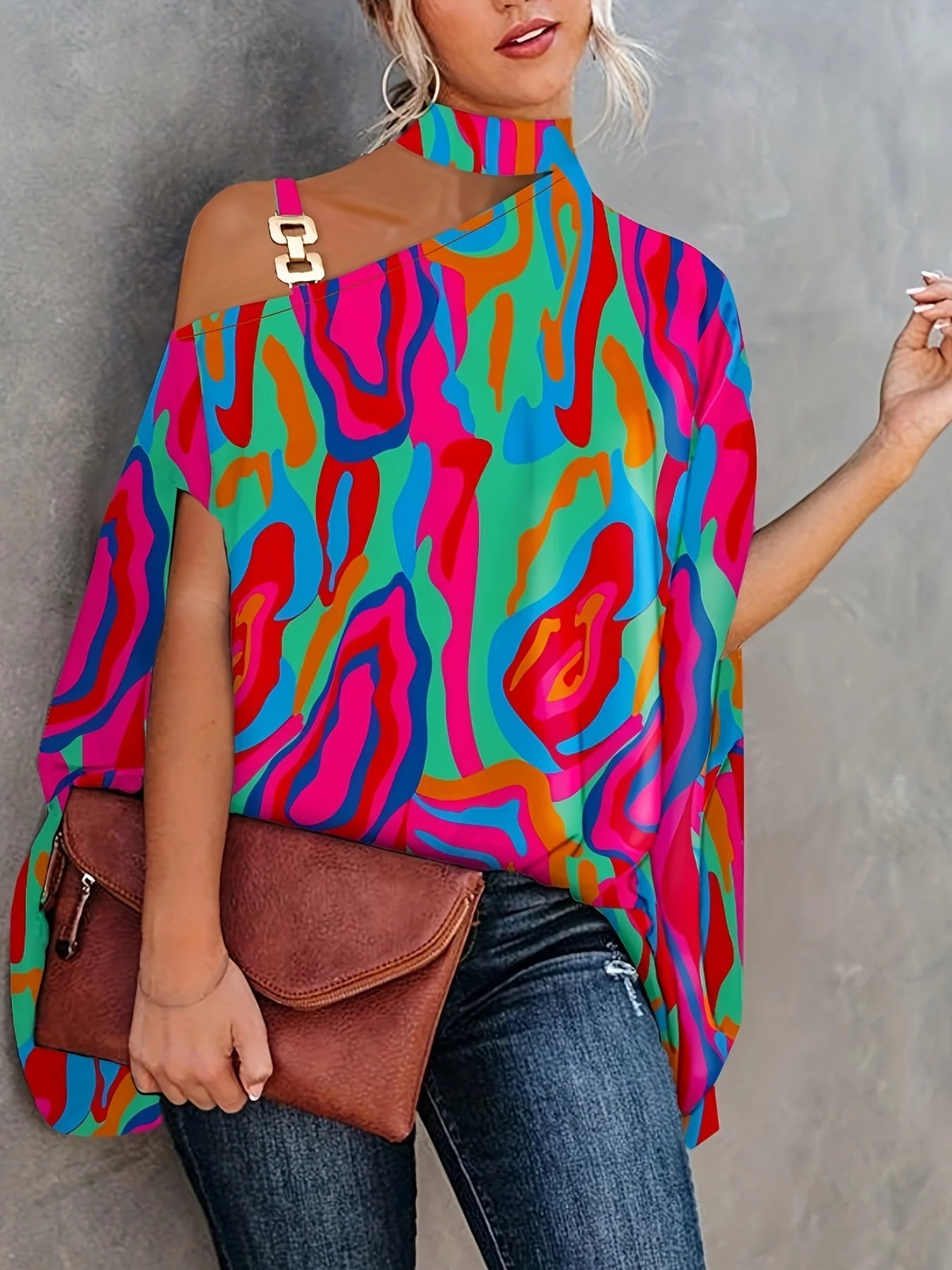 Plus Size Sexy Halter Loose Blouse Tops Women's Elegant Print Off Shoulder Batwing Sleeve Pullover Shirt 2023 Summer Fashion Str