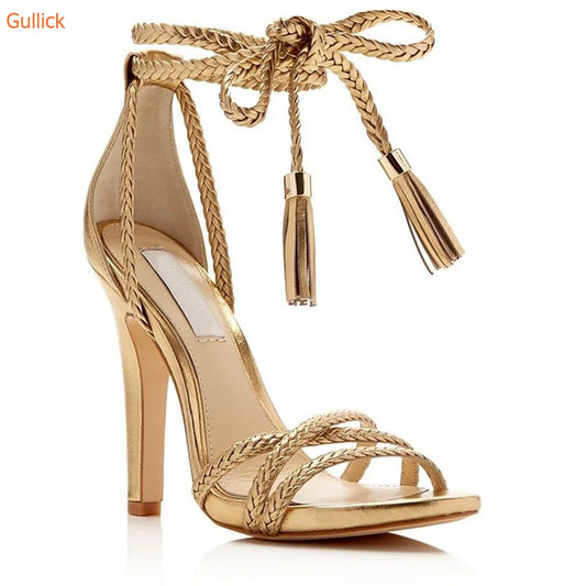 Gold Heels Sandals For Woemn Comfortable Stiletto Heels Ankle Weave Strap Summer Shoes Pointed Toe 2025 Newest Modern Sandals