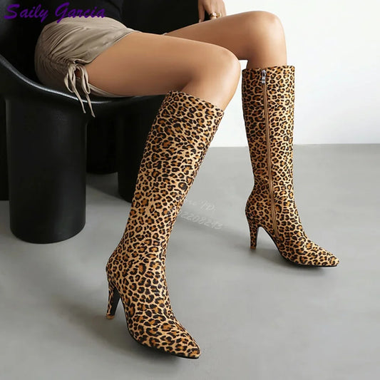 Sexy Leopard Knee High Side Zipper Boots